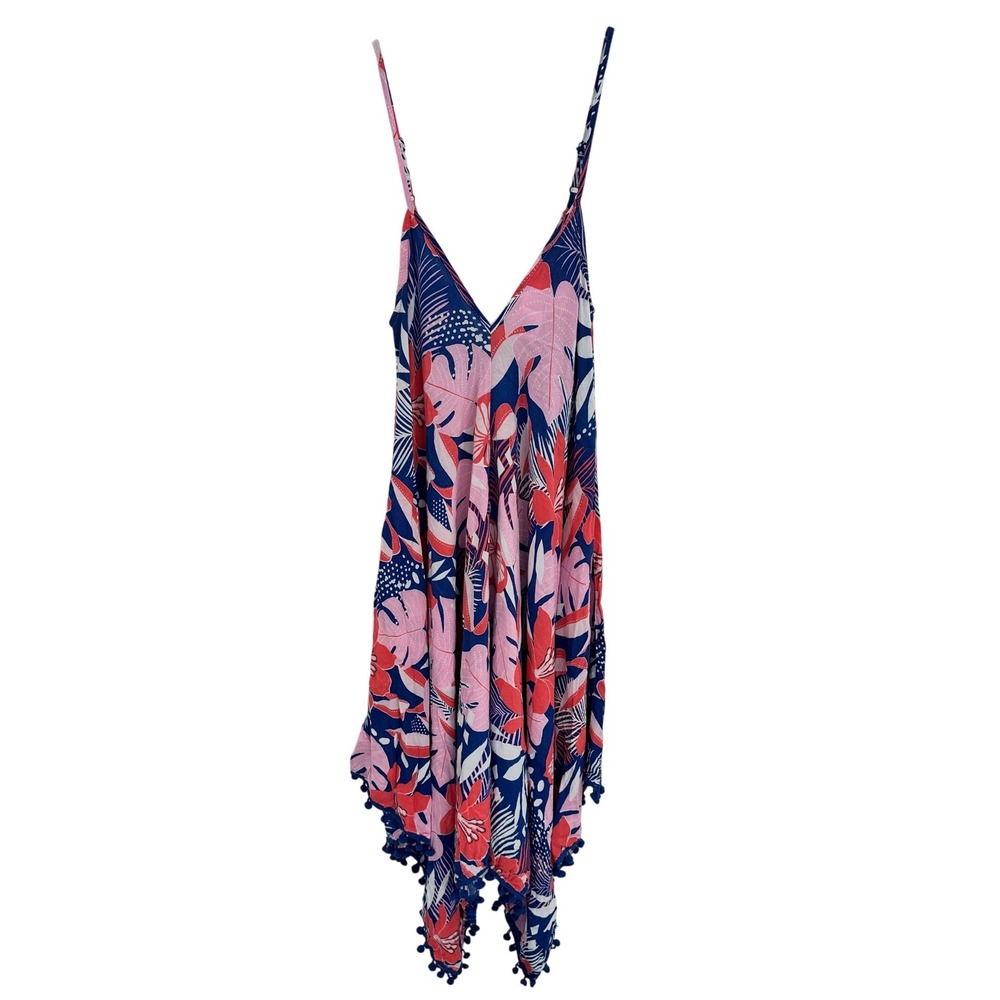 Goa‎ Beachwear by Japna Tropical Floral Pom Pom Sharkbite Mini Dress Blue Pink L